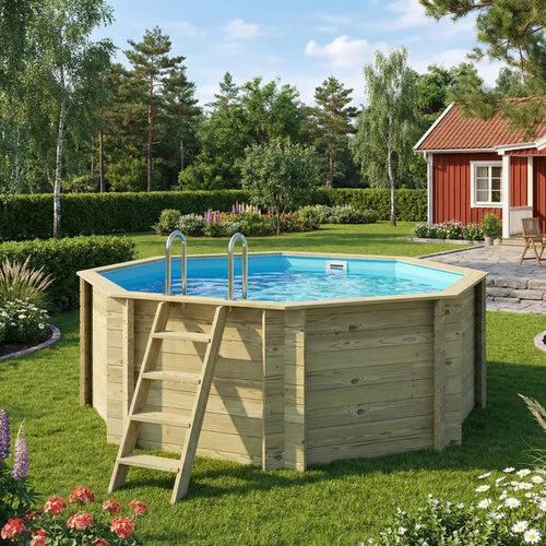 Träpool Bris från Enkla Poolen placerad i en trädgård