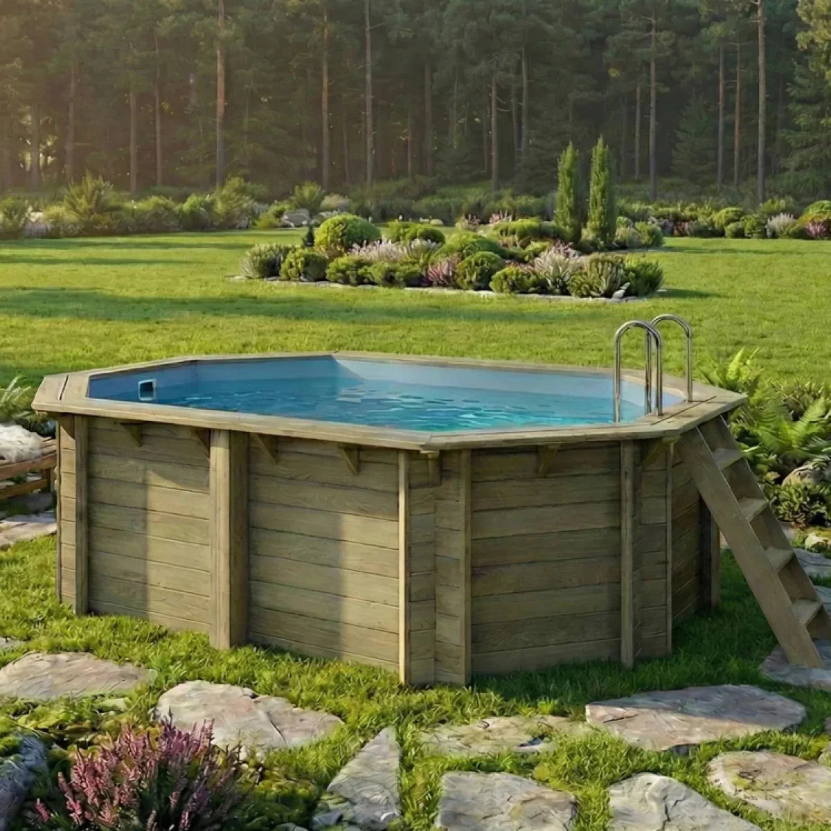 Träpool Vind från Enkla Poolen placerad i en trädgård