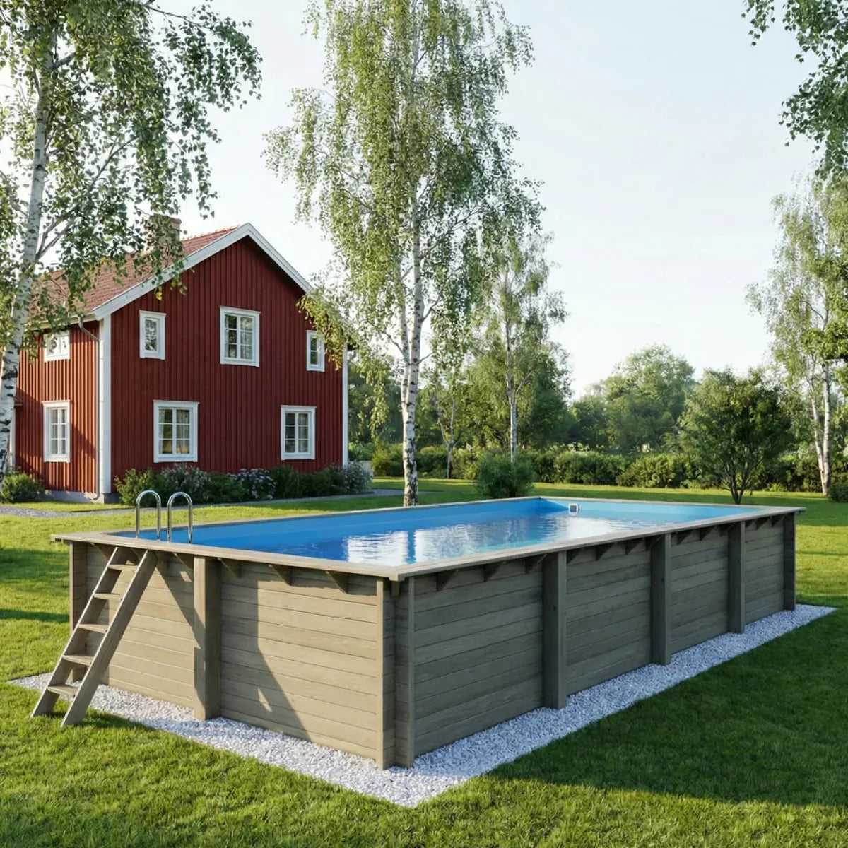 Träpool hav, vår största pool med plats för dina nära och kära placerad i en trädgård