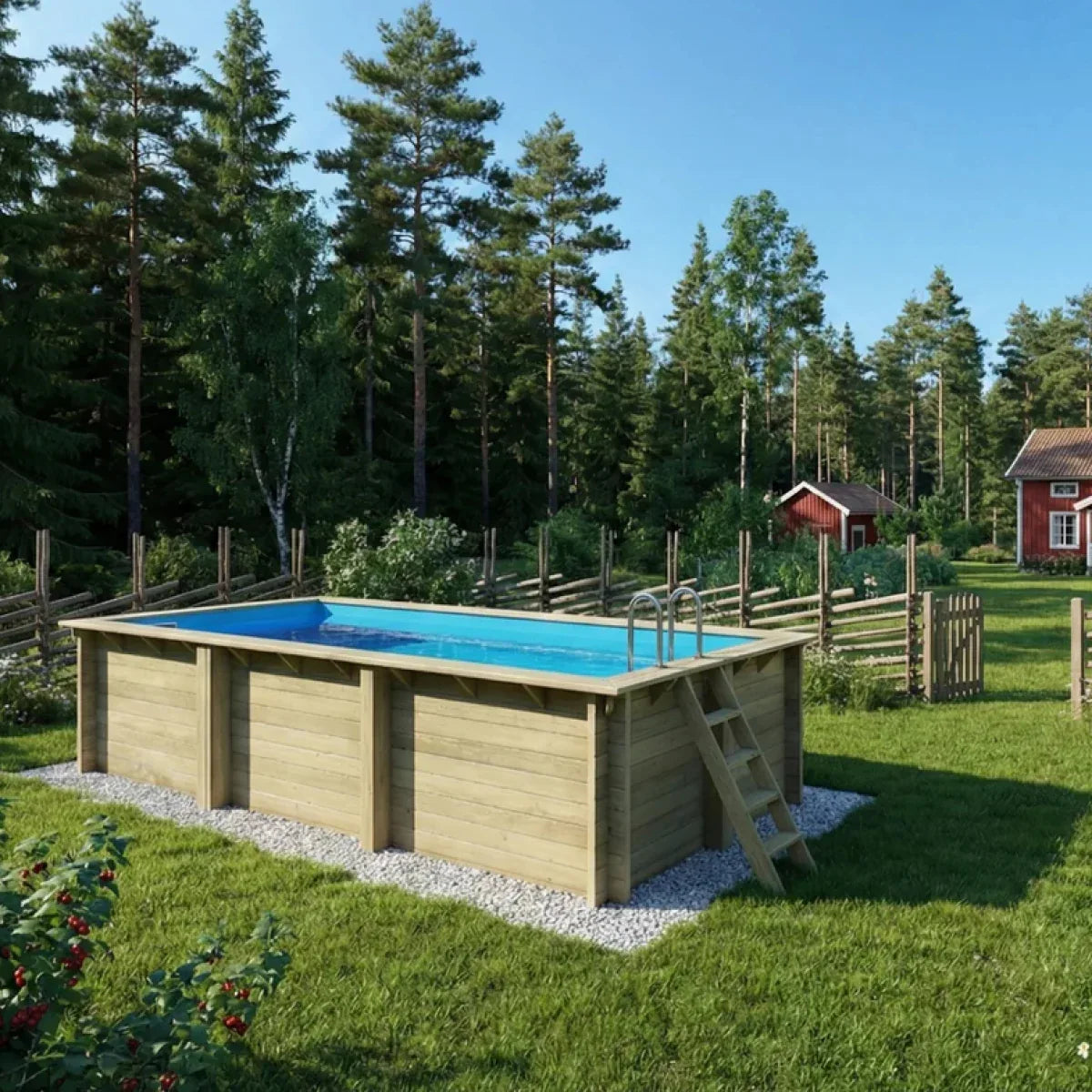 Träpool ström från enkla poolen placerad i en trädgård