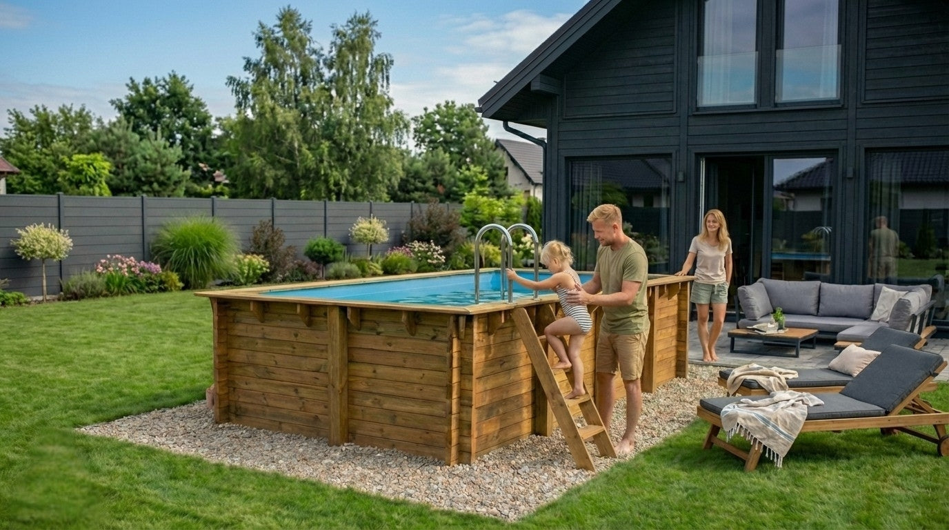 Träpool placerad i trädgård, pappa hjälper sin dotter upp för trappan till poolen.
