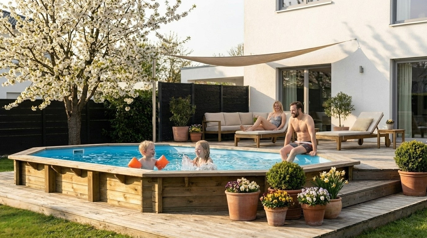 Semi nedgrävd pool i altan, barn leker i vattnet medan föräldrar sitter bredvid och tittar på 